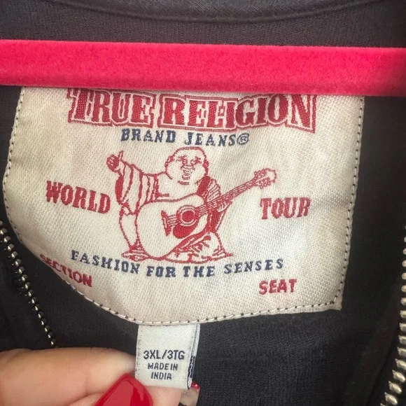 EUC Mens True Religion Black Velvet Zip Up Jacket Gold Logo Hoodie Size 3XL - Picture 3 of 5